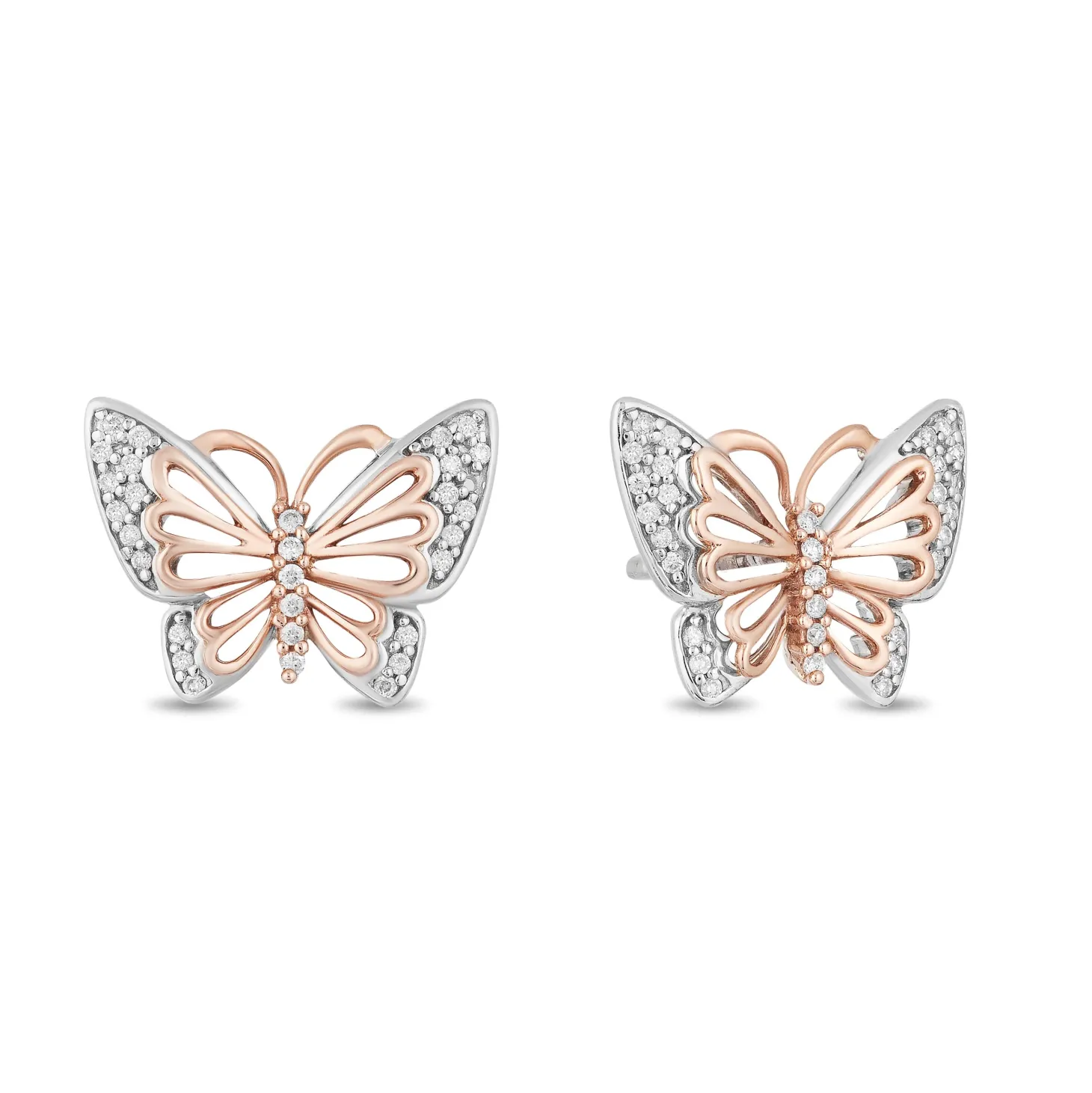 Enchanted Disney Fine Jewelry Sterling Silver and 10K Rose Gold 1/10 CTTW Natural White Round Diamond Mulan Butterfly Earrings