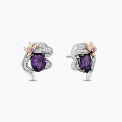 Enchanted Disney Fine Jewelry Sterling Silver and 10K Rose Gold with 1/10 CTTW White Diamond and Amethyst Ariel Stud Earrings