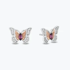 Enchanted Disney Fine Jewelry Sterling Silver and 10K Rose Gold 1/10 CTTW Diamond and Rhodolite Garnet Mulan Butterfly Earrings