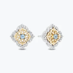 Enchanted Disney Fine Jewelry Sterling Silver and 10K Yellow Gold 1/6 CTTW Diamond and Blue Topaz Aladdin 30th Anniversary Jasmine Arabesque Earrings