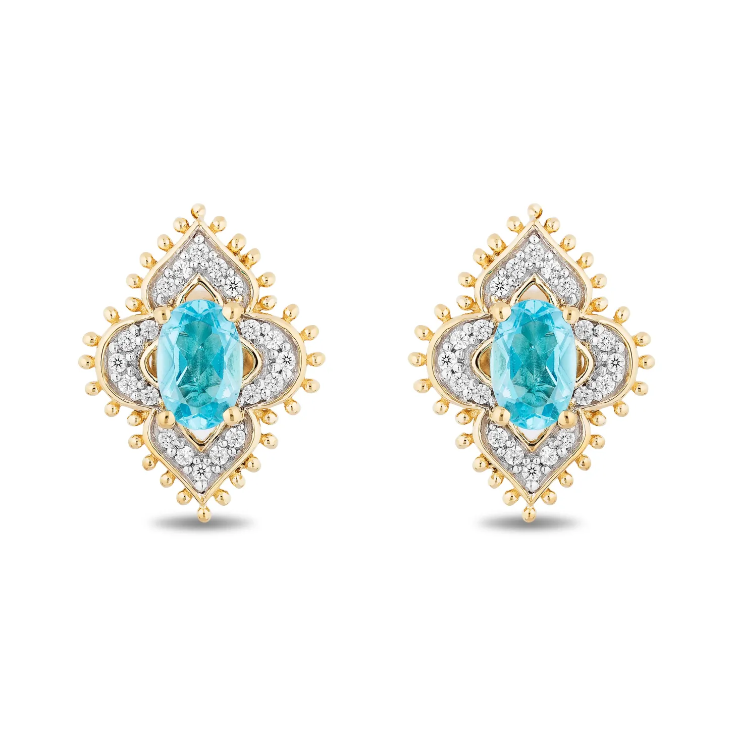 Enchanted Disney Fine Jewelry 10K Yellow Gold with 1/6 CTTW Diamonds and Swiss Blue Topaz Jasmine Earrings