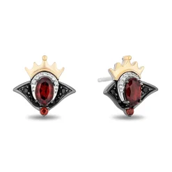 Enchanted Disney Fine Jewelry Black Rhodium Over Sterling Silver and 10K Yellow Gold with 1/10 CTTW Diamonds and Garnet Evil Queen Stud Earrings