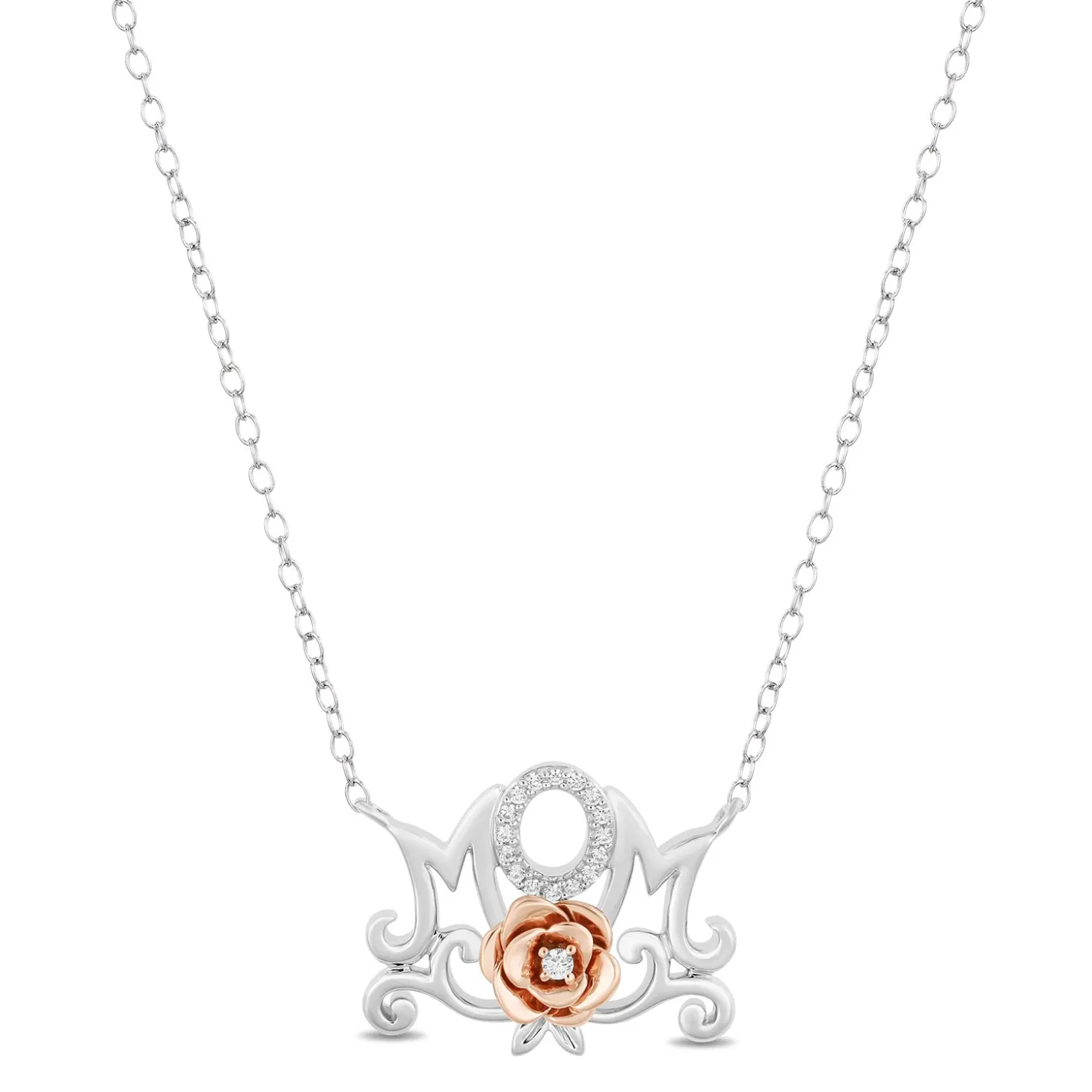 Enchanted Disney Fine Jewelry Sterling Silver and 10K Rose Gold with 1/20 CTTW Diamond Belle Mom Necklace