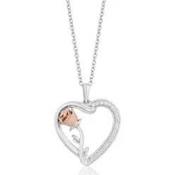 Enchanted Disney Fine Jewelry Sterling Silver and 10k Rose Gold with 1/10 CTTW Belle Rose with Heart Pendant Necklace