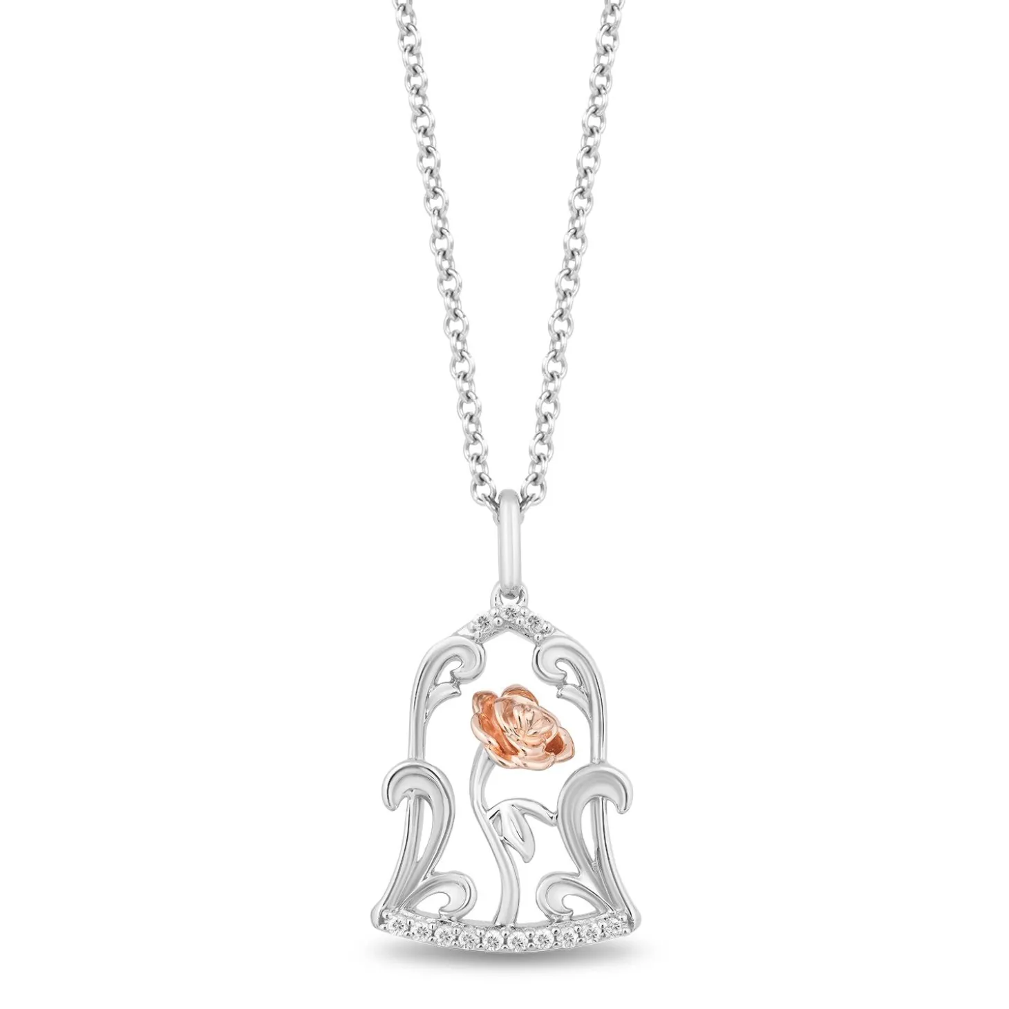 Enchanted Disney Fine Jewelry Sterling Silver and 10K Rose Gold with 1/10 CTTW Diamond Belle 30th Jar Pendant Necklace