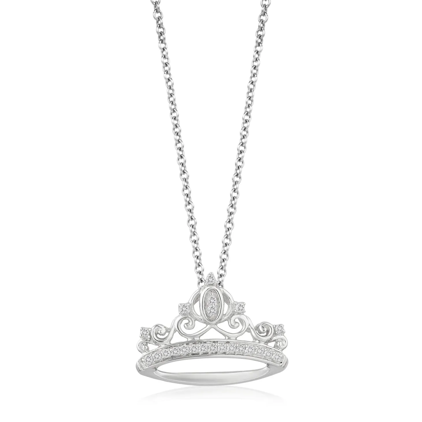 Enchanted Disney Fine Jewelry Sterling Silver 1/10 CTTW Cinderella Crown Pendant Necklace