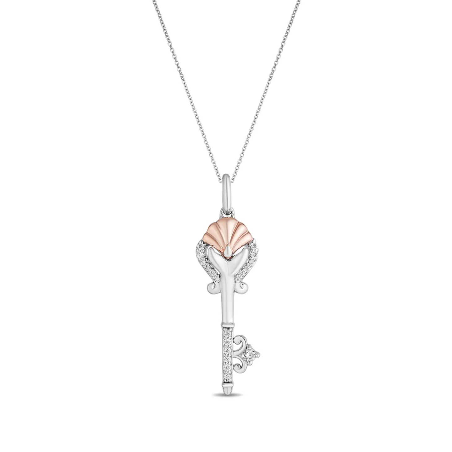 Enchanted Disney Fine Jewelry 14K Rose Gold Over Sterling Silver with 1/10 CTTW Diamond Ariel Shell Key Pendant Necklace