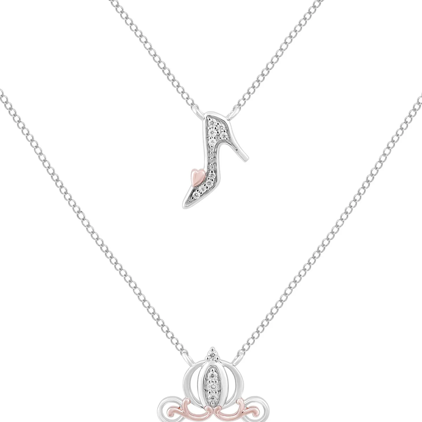 Enchanted Disney Fine Jewelry Sterling Silver and 10K Rose Gold 1/15 CTTW Diamond Cinderella Double Chain Necklace