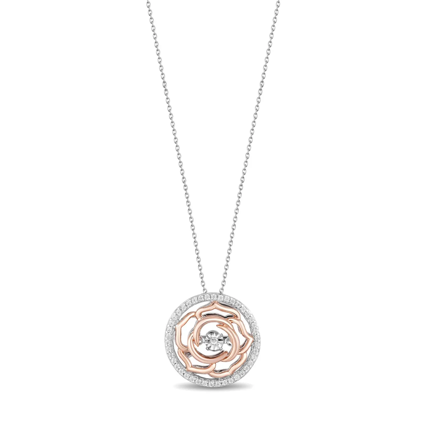 Enchanted Disney Fine Jewelry Sterling Silver and 10K Rose Gold with 1/6 CTTW Diamonds Belle Pendant Necklace