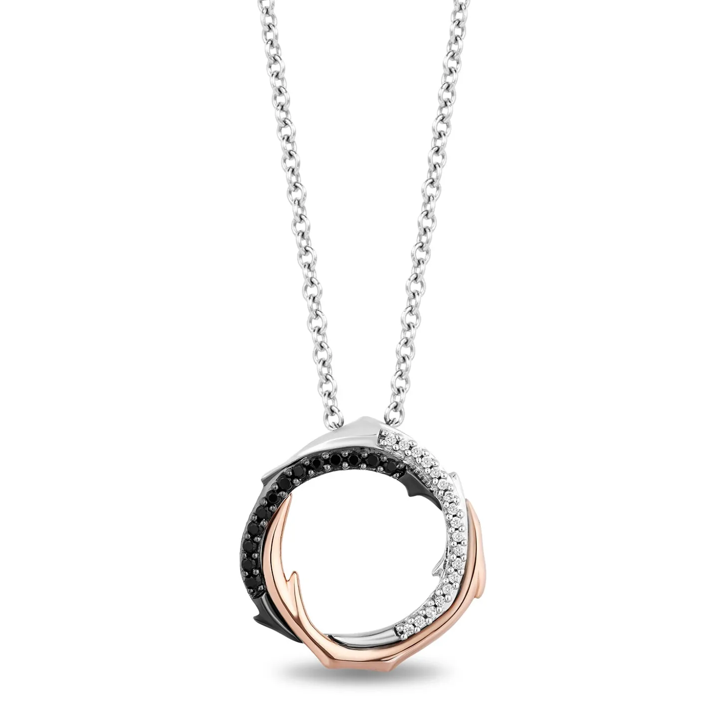 Enchanted Disney Fine Jewelry Black Rhodium Over Sterling Silver and 10K Rose Gold with 1/6 CTTW Black and White Diamond Maleficent Pendant Necklace