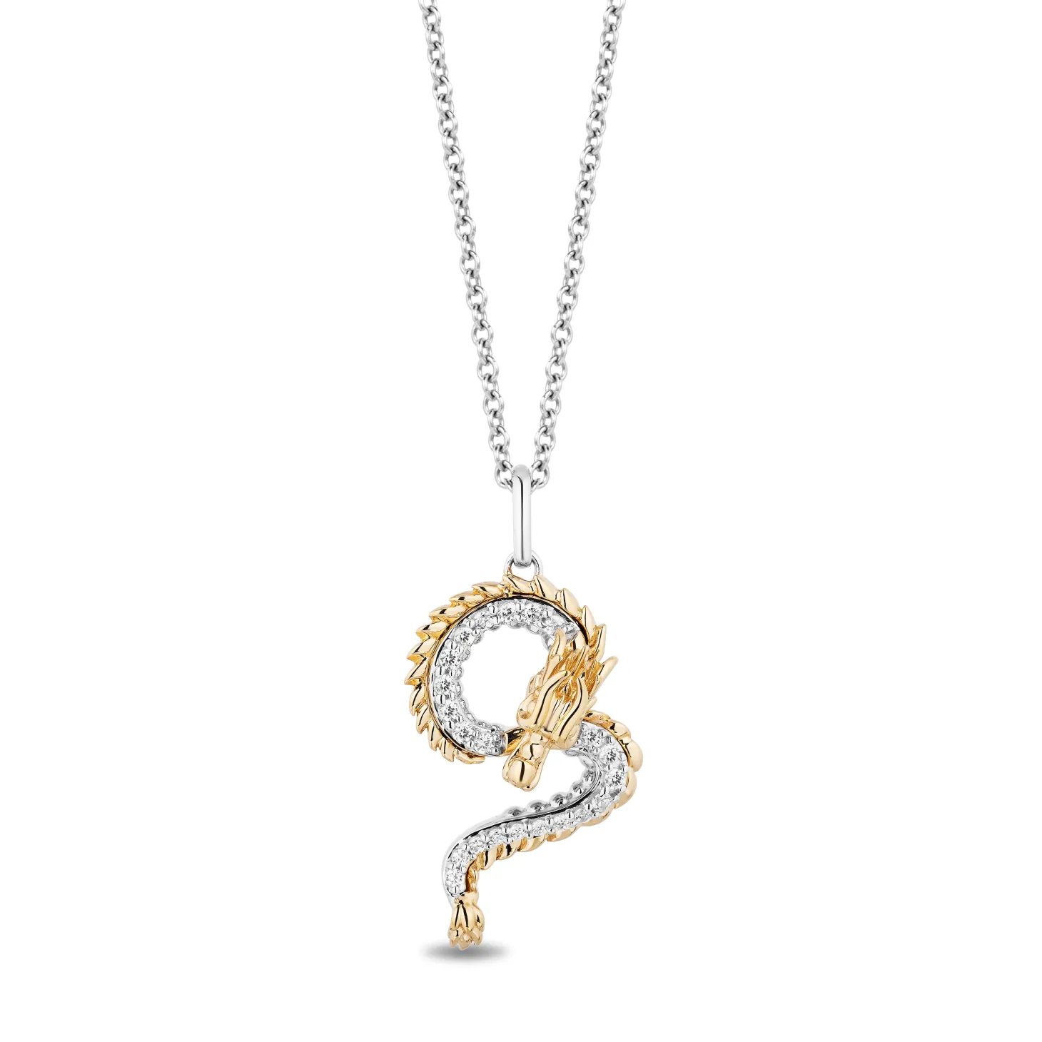 Enchanted Disney Fine Jewelry Sterling Silver and 10K Yellow Gold With 1/4 CTTW Diamond Mulan Dragon Pendant Necklace