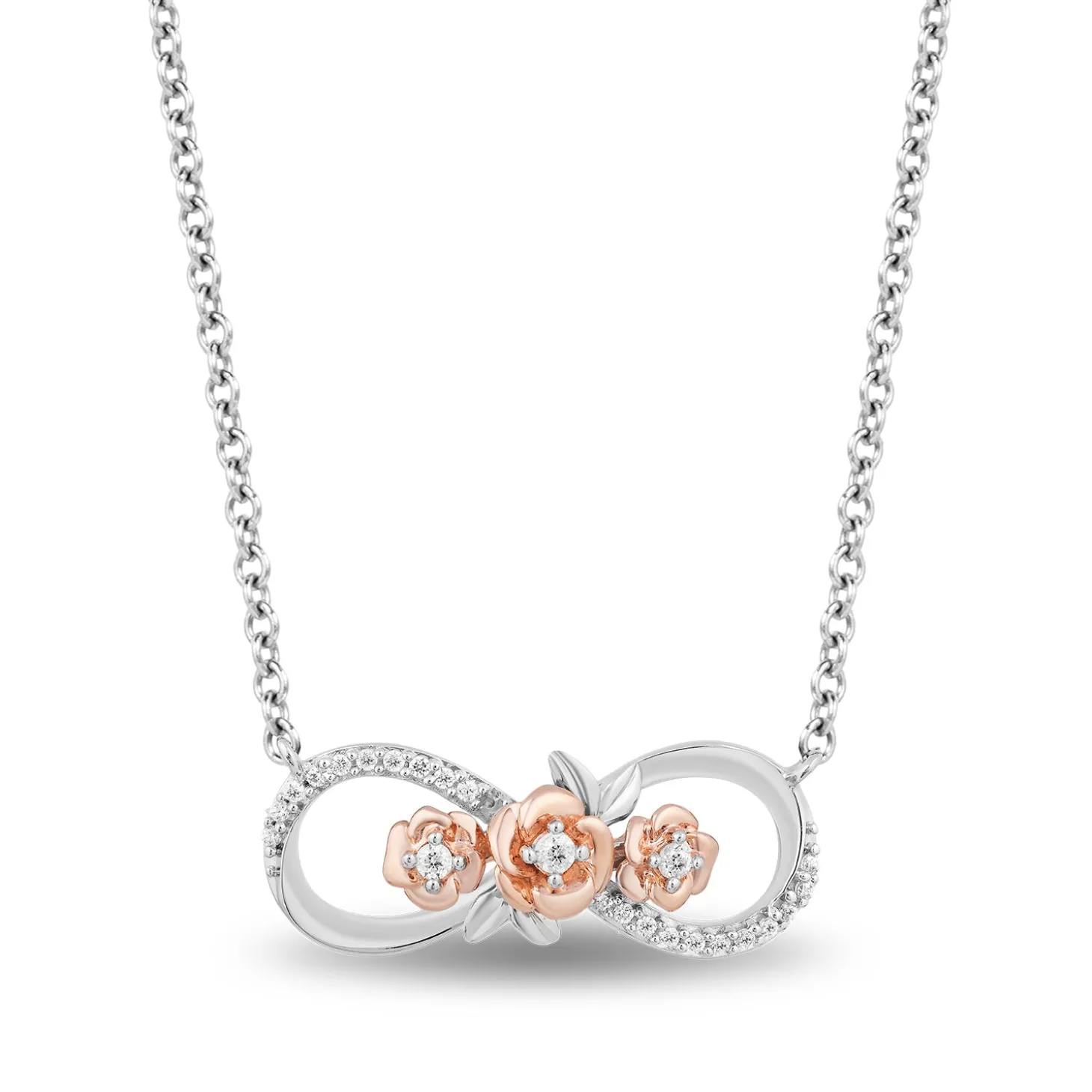 Enchanted Disney Fine Jewelry 10K Rose Gold and Sterling Silver With 1/6 CTTW Diamond Belle"Dozen Roses" Necklace