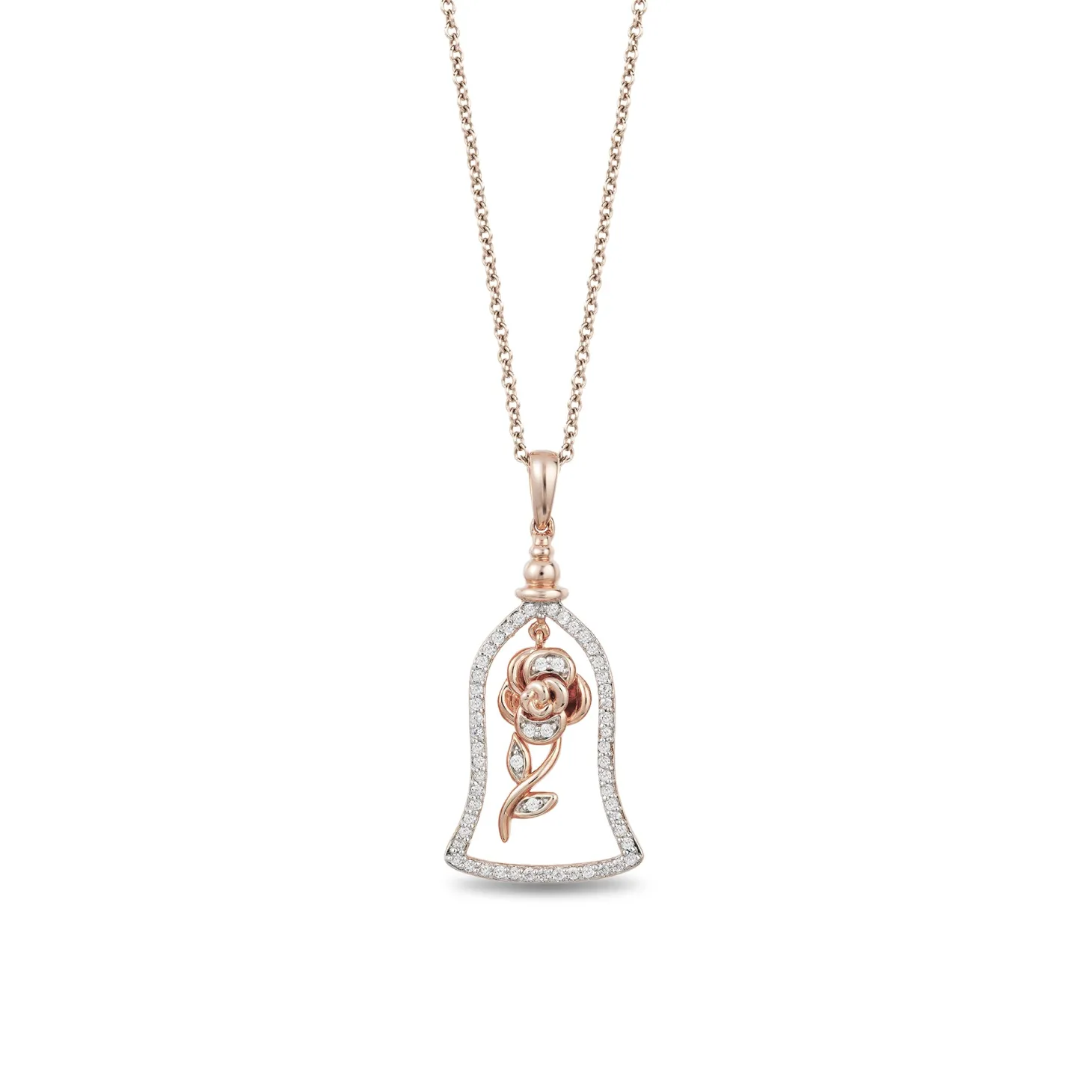 Enchanted Disney Fine Jewelry 14K Rose Gold 1/4 CTTW Belle Bell Jar Pendant Necklace