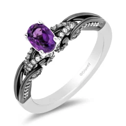 Enchanted Disney Fine Jewelry 14K White Gold with Black Rhodium Ursula Gemstone Engagement Ring with Oval Amethyst Center and 1/4 CTTW Diamonds