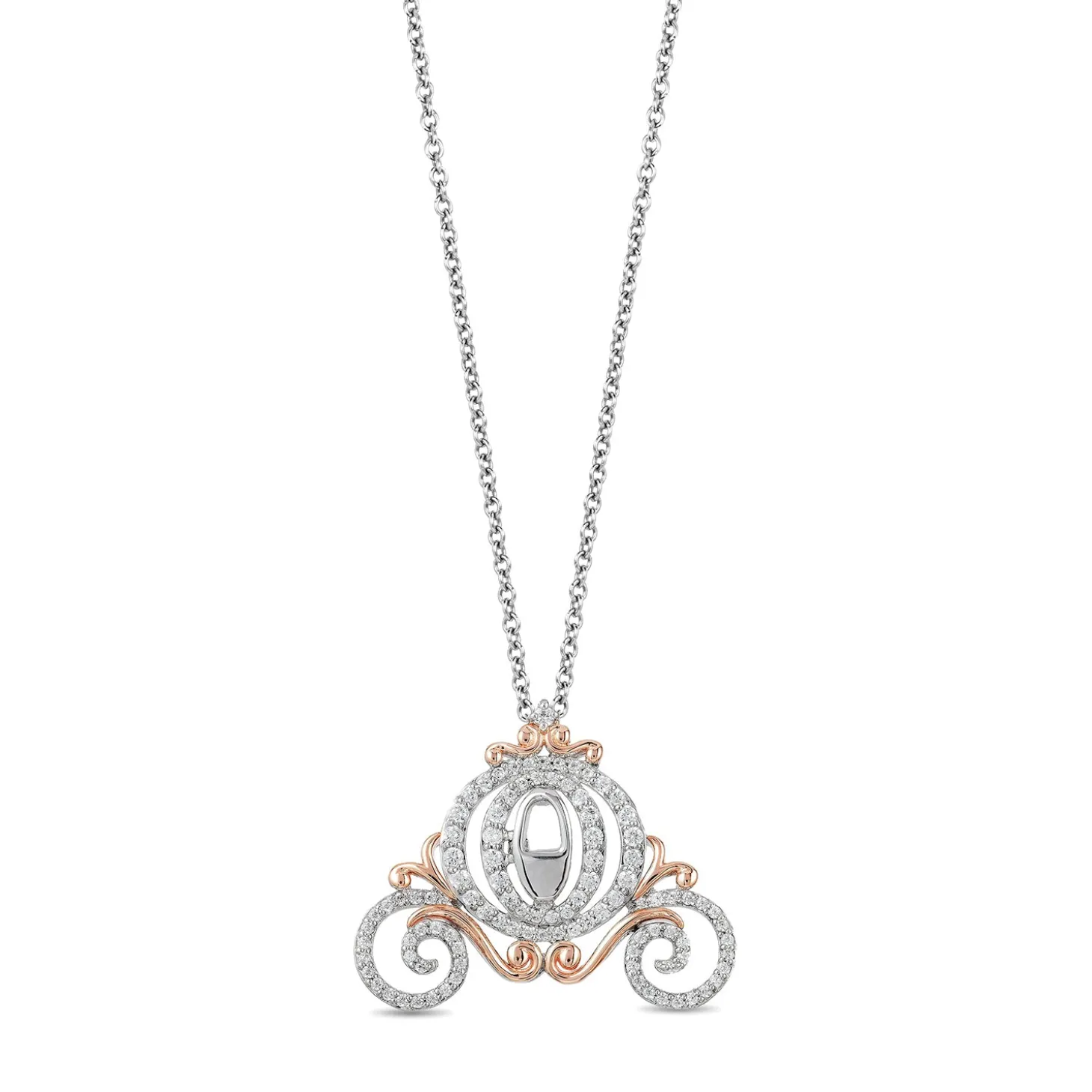 Enchanted Disney Fine Jewelry 10K White Gold and Rose Gold with 1/2 CTTW Diamonds Cinderella Carriage Pendant Necklace