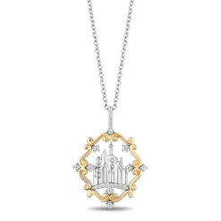 Enchanted Disney Fine Jewelry Sterling Silver and 10K Yellow Gold With 1/10 CTTW Diamond Belle 30th Castle Pendant Necklace