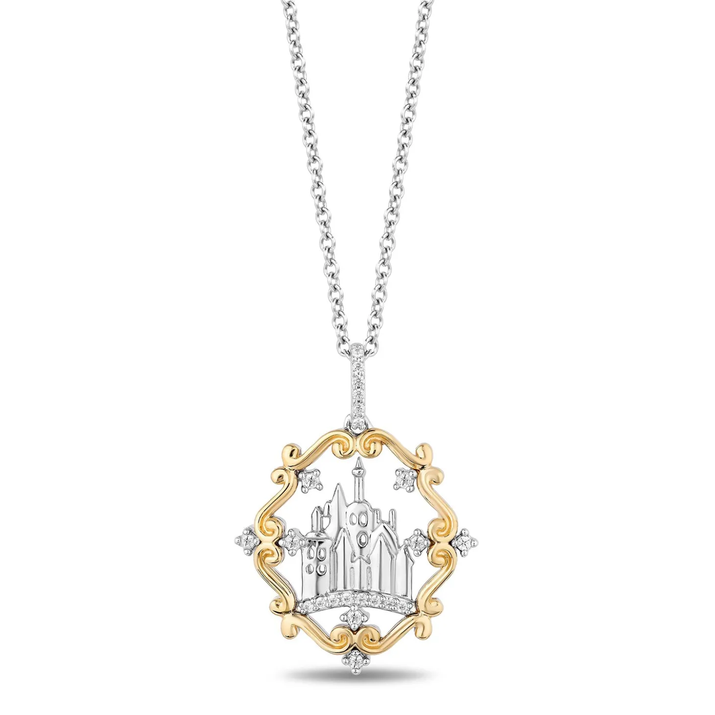 Enchanted Disney Fine Jewelry Sterling Silver and 10K Yellow Gold With 1/10 CTTW Diamond Belle 30th Castle Pendant Necklace