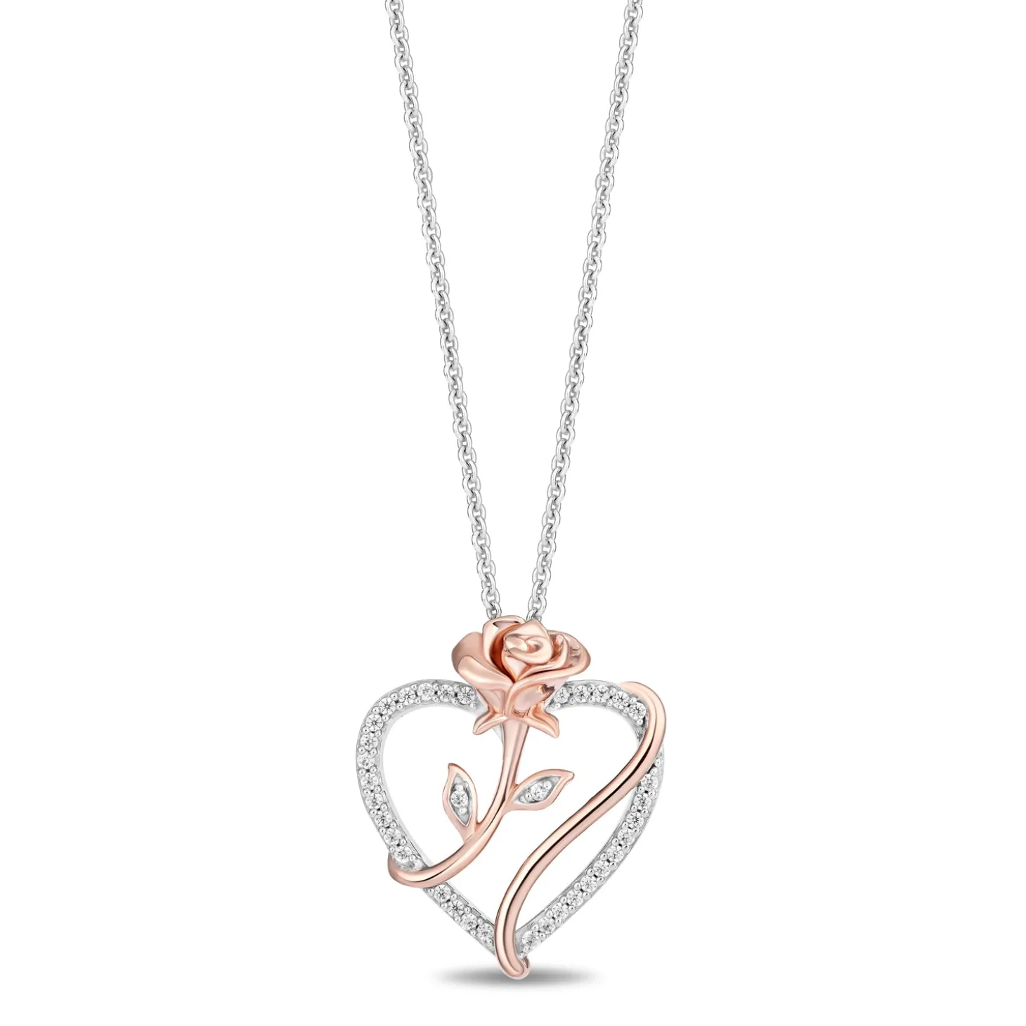 Enchanted Disney Fine Jewelry 14K Rose Gold Over Sterling Silver with 1/6 CTTW Diamonds Belle Rose with Heart Pendant Necklace
