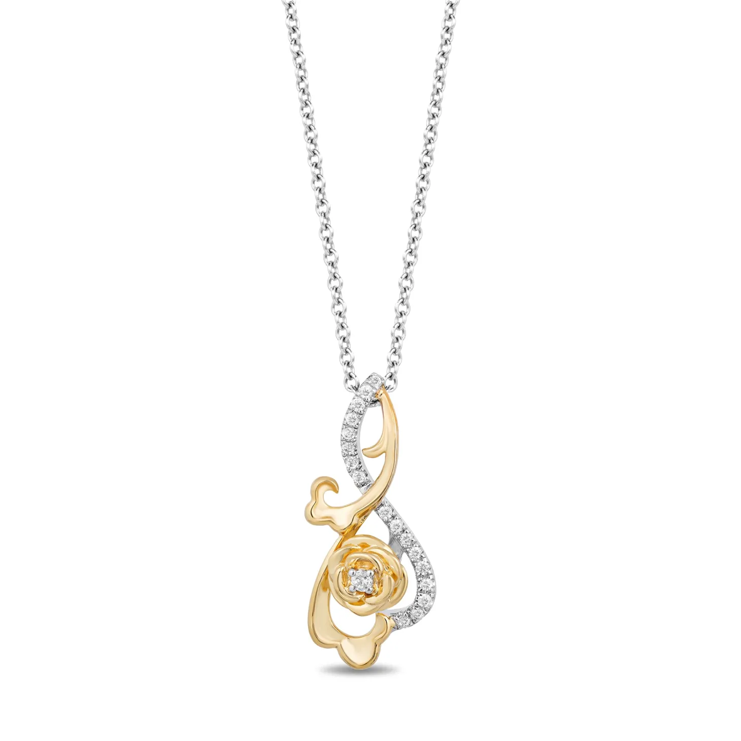 Enchanted Disney Fine Jewelry Sterling Silver and 10K Yellow Gold with 1/6 CTTW Diamonds Belle Pendant Necklace