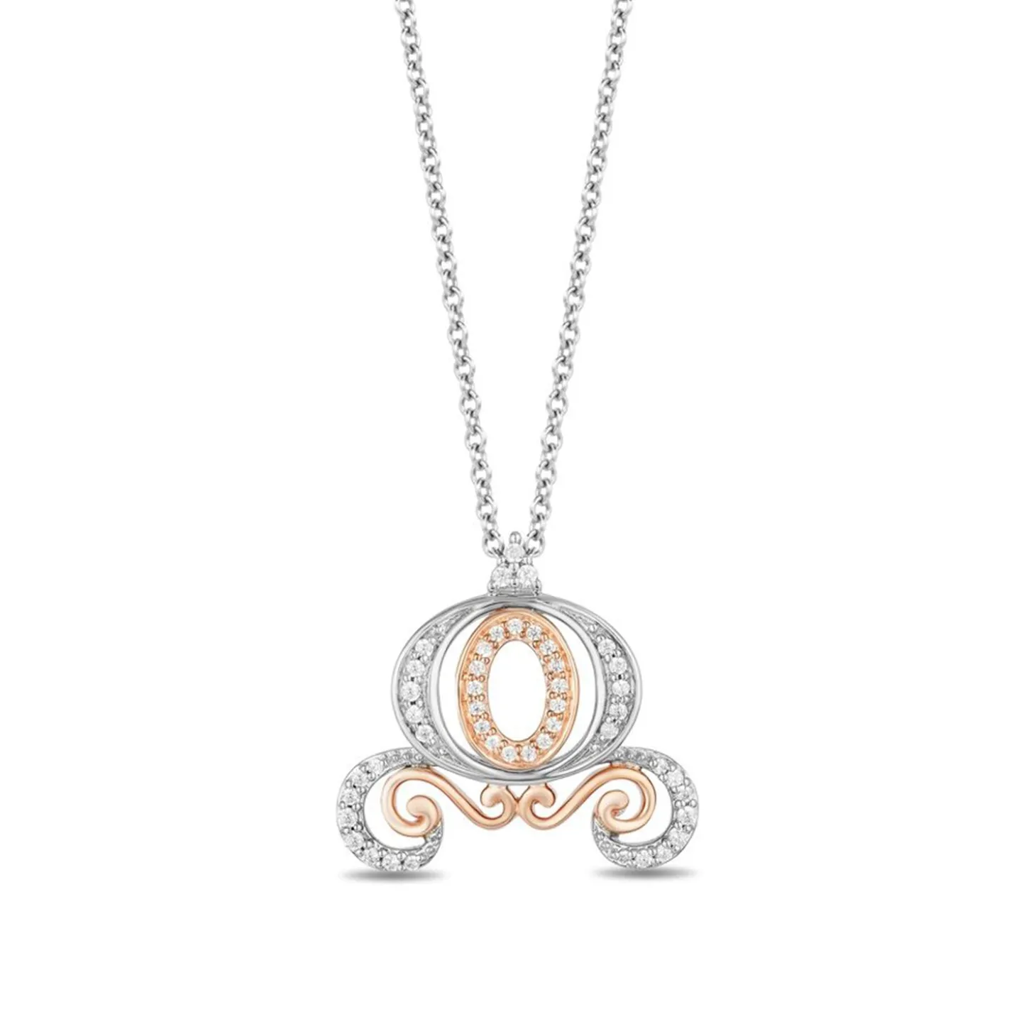 Enchanted Disney Fine Jewelry Sterling Silver and 10K Rose Gold 1/6 CTTW Cinderella Carriage Pendant Necklace