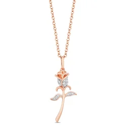 Enchanted Disney Fine Jewelry 10K Rose Gold with 1/10 CTTW Diamond Belle 30th Rose Pendant Necklace