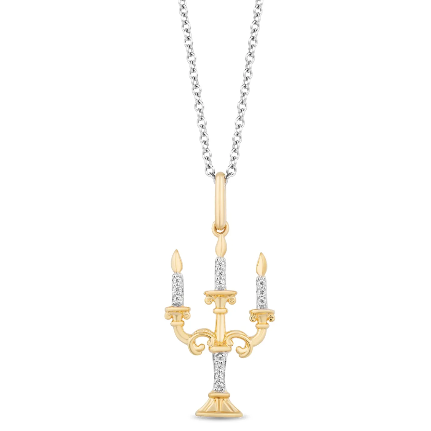 Enchanted Disney Fine Jewelry 10K Yellow Gold and Sterling Silver Chain with 1/20 CTTW Diamonds Belle 30th Lumiere Pendant Necklace