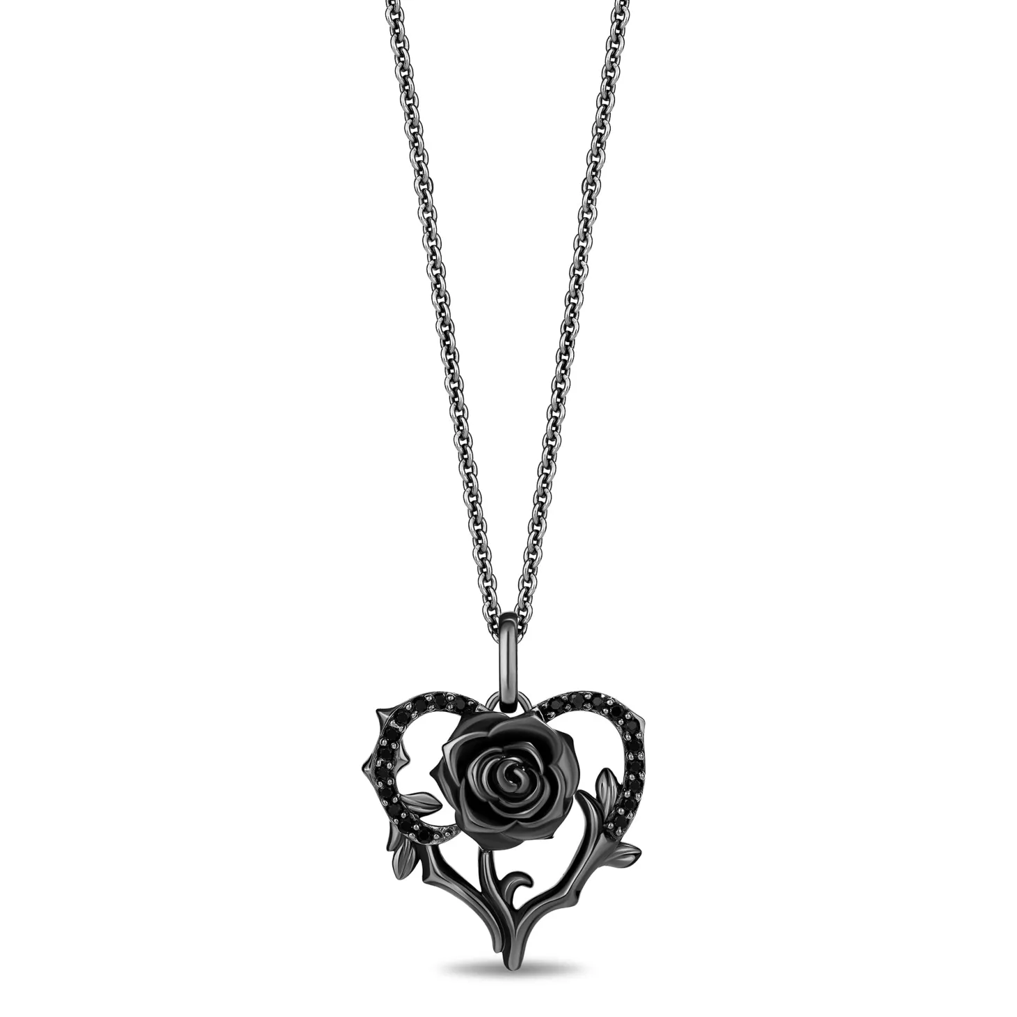 Enchanted Disney Fine Jewelry Black Rhodium Over Sterling Silver with 1/6 CTTW Diamonds Maleficent Heart Rose Pendant Necklace