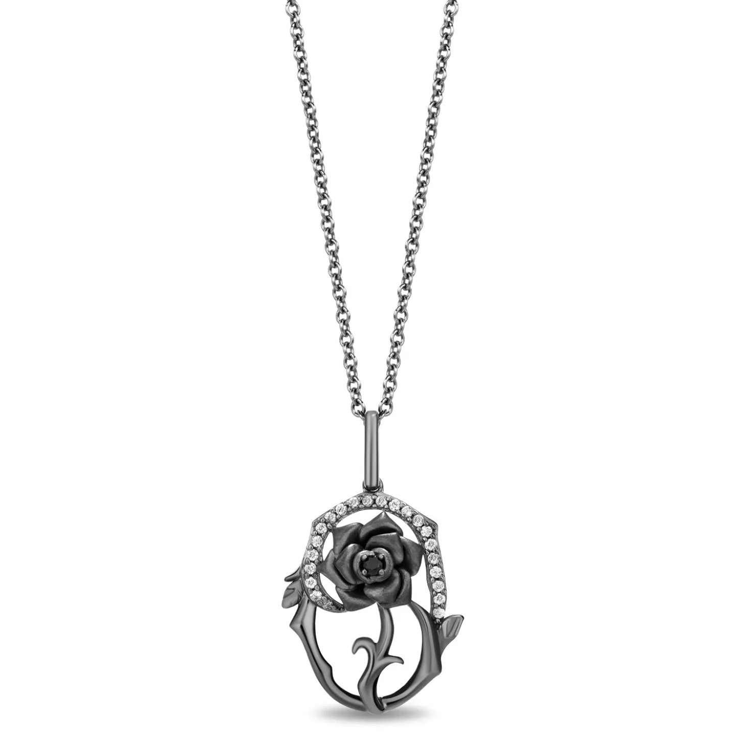 Enchanted Disney Fine Jewelry Black Rhodium Over Sterling Silver with 1/8 CTTW Black and White Diamond Maleficent Rose Pendant Necklace