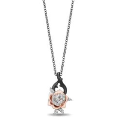 Enchanted Disney Fine Jewelry Black Rhodium over Sterling Silver and 10K Rose Gold with 1/10 CTTW Diamond Aurora Rose Pendant Necklace