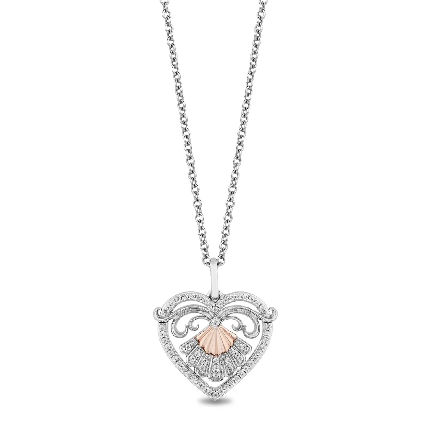 Enchanted Disney Fine Jewelry Sterling Silver and 10K Rose Gold With 1/5 CTTW Diamonds Ariel Heart Pendant Necklace