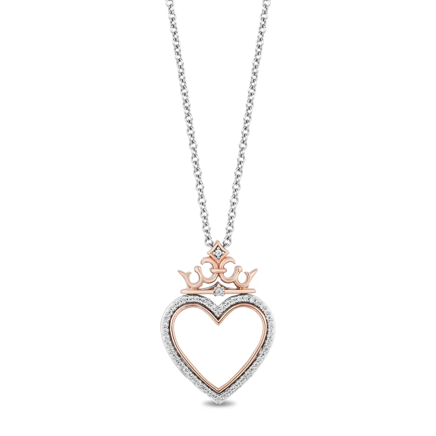 Enchanted Disney Fine Jewelry Sterling Silver and 10K Rose Gold 1/8 CTTW Diamond Majestic Princess Crown Heart Pendant Necklace