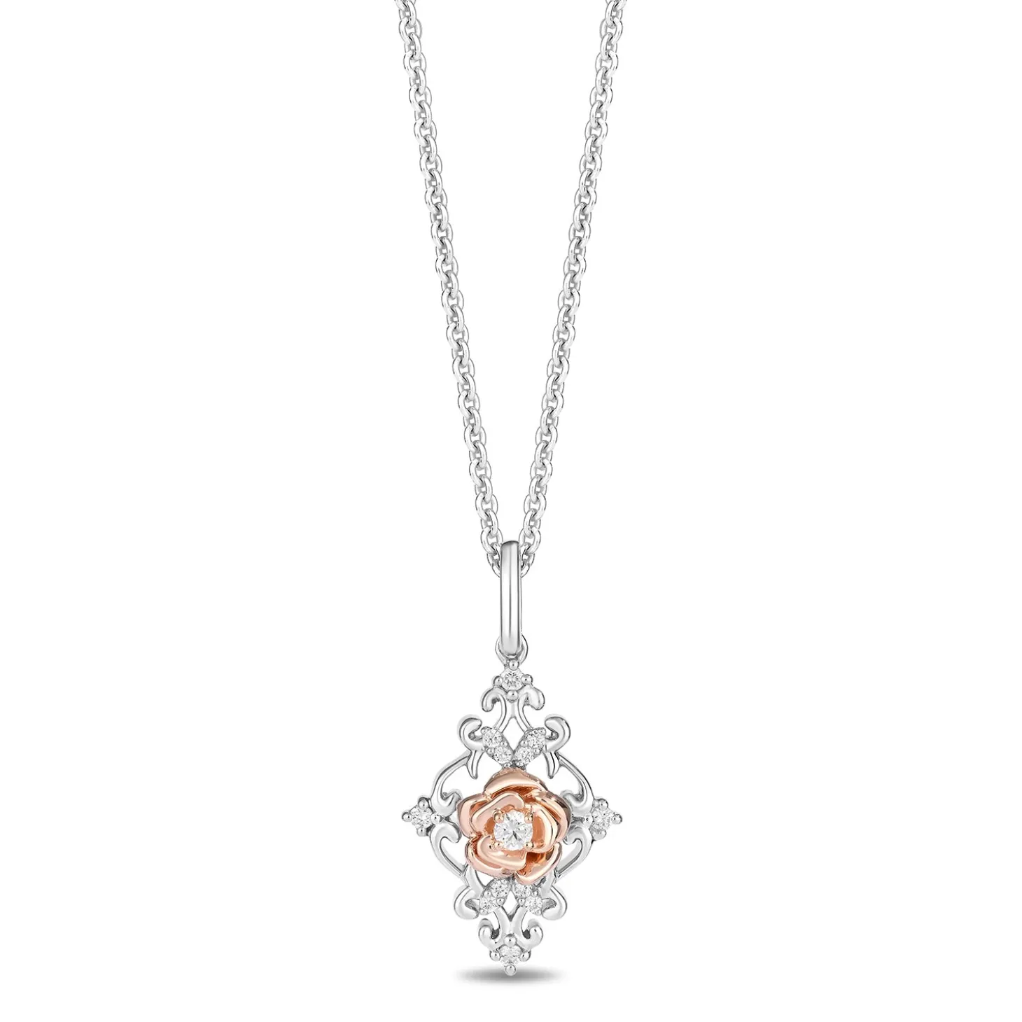 Enchanted Disney Fine Jewelry 14K Rose Gold Over Sterling Silver with 1/10 CTTW Diamonds Belle Pendant Necklace