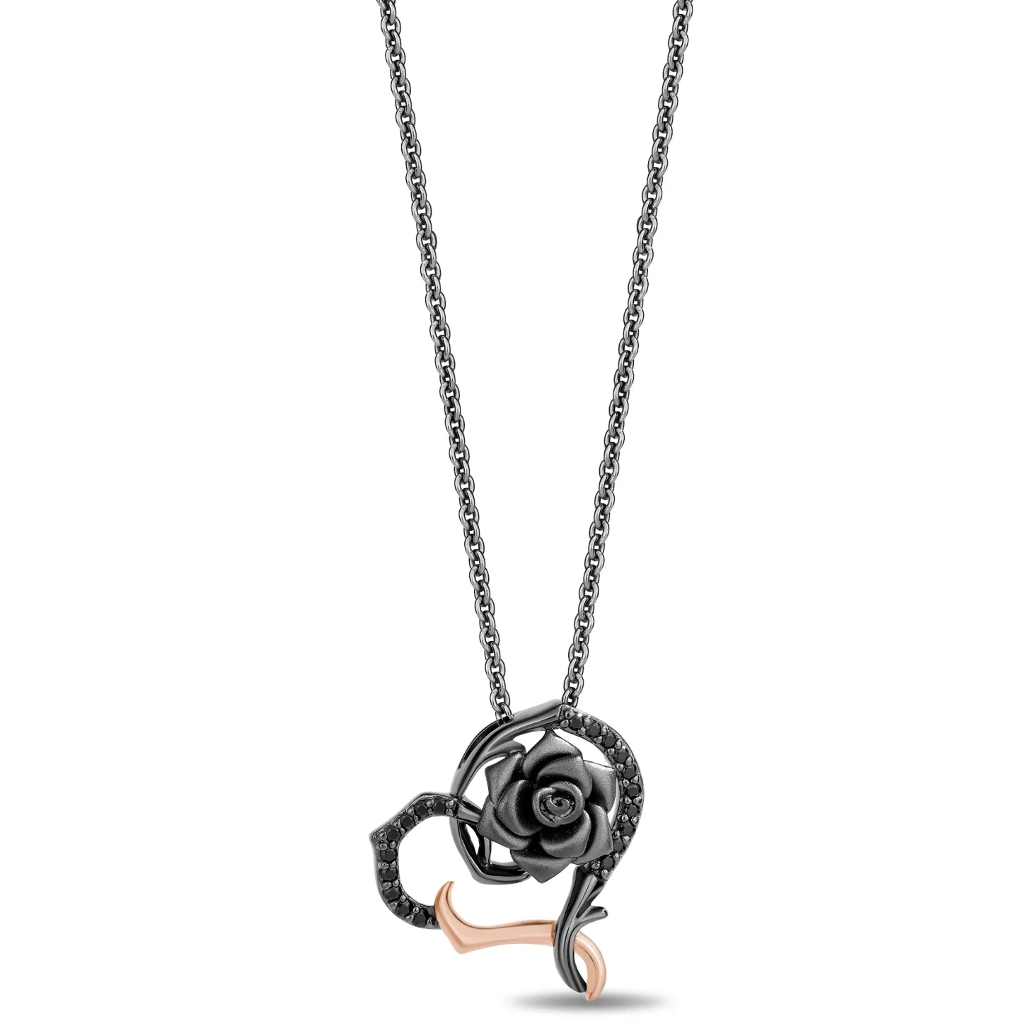 Enchanted Disney Fine Jewelry Sterling Silver and 10K Rose Gold with 1/6 CTTW Diamond Maleficent Heart Pendant Necklace