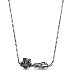 Enchanted Disney Fine Jewelry Black Rhodium Over Sterling Silver with 1/8 CTTW Black and White Diamond Maleficent Rose Pendant Necklace