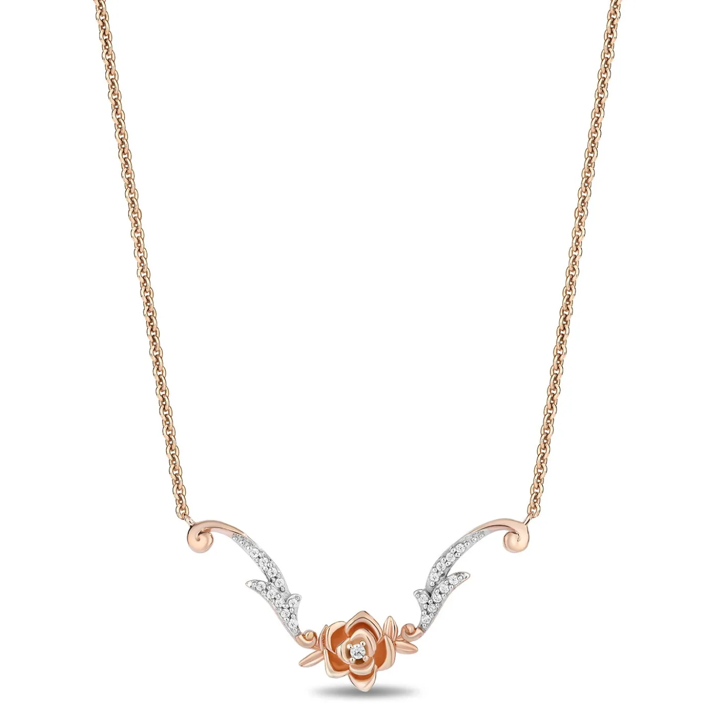 Enchanted Disney Fine Jewelry 14K Rose Gold Over Sterling Silver with 1/10 CTTW Diamonds Belle Rose Necklace