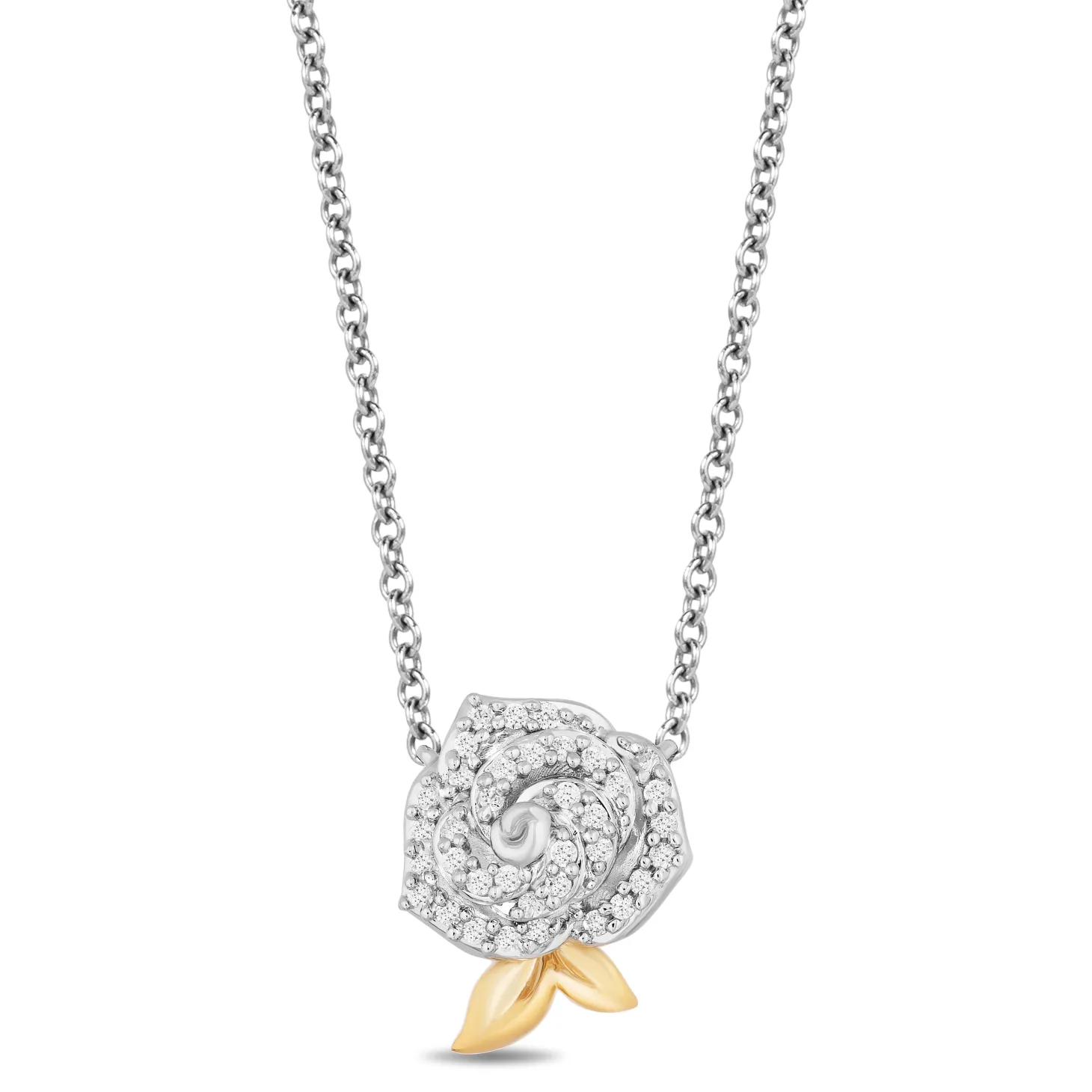 Enchanted Disney Fine Jewelry Sterling Silver and 10K Yellow Gold with 1/6 CTTW Diamonds Belle Rose Necklace