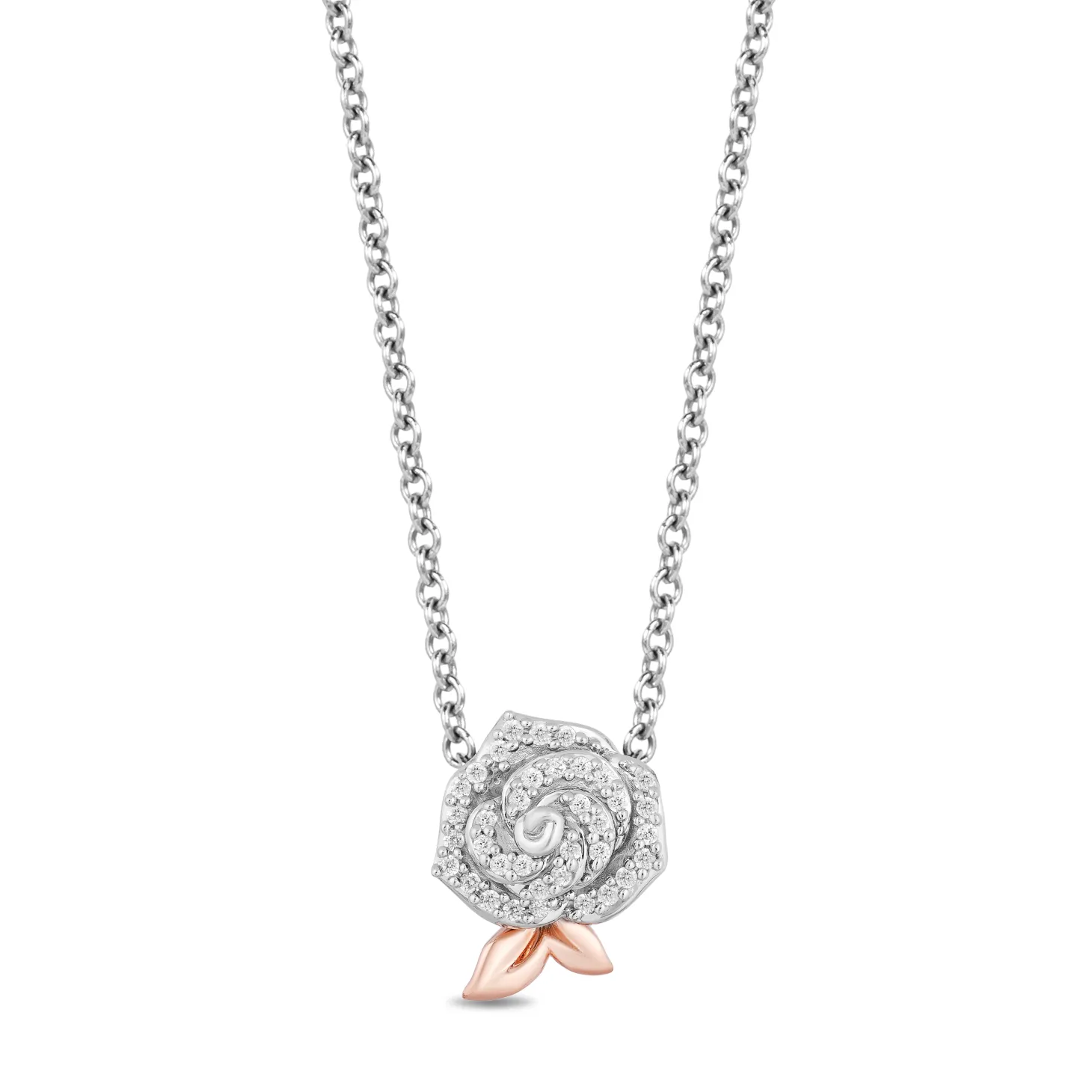 Enchanted Disney Fine Jewelry Sterling Silver and 10K Rose Gold with 1/6 CTTW Diamonds Belle Rose Necklace