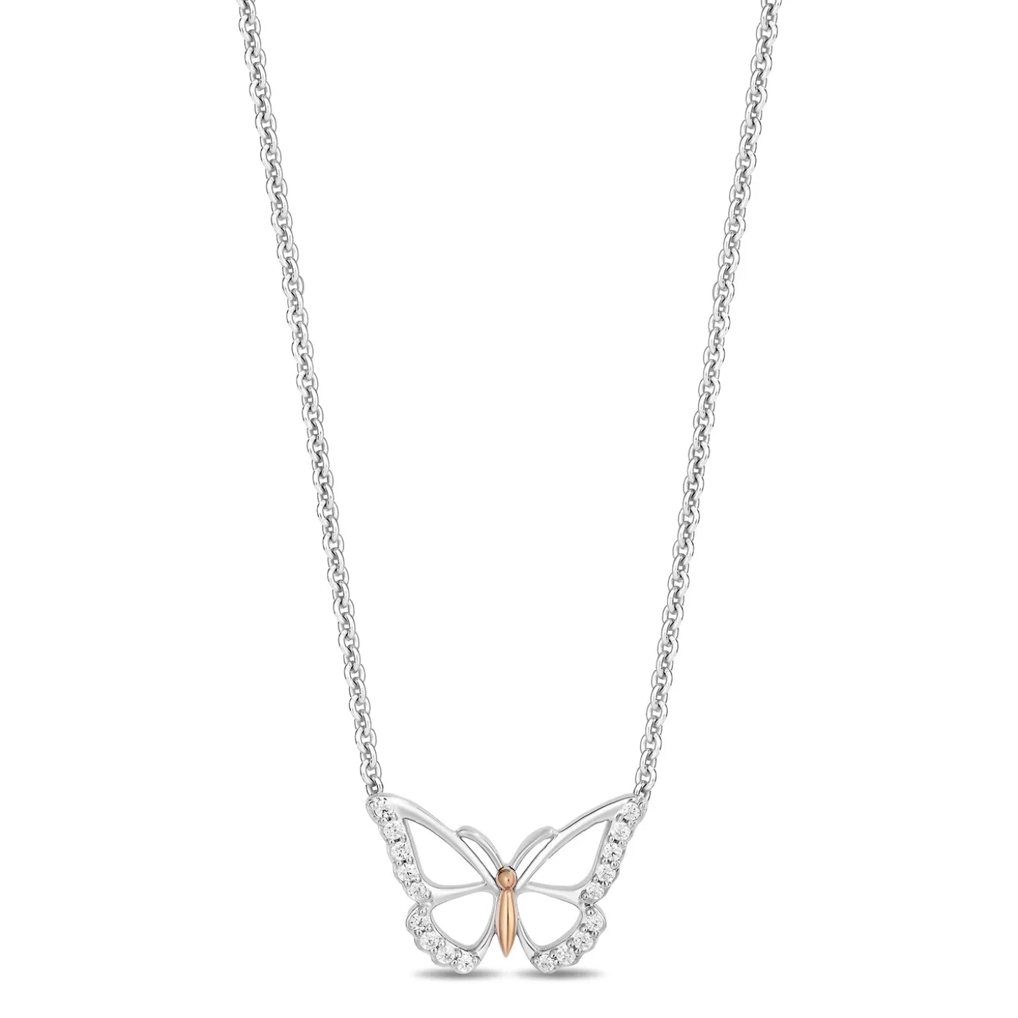 Enchanted Disney Fine Jewelry 14K Rose Gold Over Sterling Silver with 1/6 CTTW Diamonds Mulan Butterfly Pendant Necklace