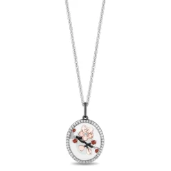 Enchanted Disney Fine Jewelry Black Rhodium over Sterling Silver and 10K Rose Gold 1/6 CTTW Diamonds and Garnet with White Transparent Quartz Mulan Pendant Necklace