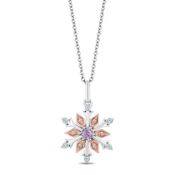 Enchanted Disney Fine Jewelry 14K Rose Gold over Sterling Silver 1/20 CTTW Diamond with Swiss Blue Topaz and Rose De France Elsa Snowflake Pendant Necklace