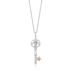 Enchanted Disney Fine Jewelry 14K Rose Gold over Sterling Silver with 1/20 CTTW Diamond and Rose-De-France Rapunzel Key Pendant Necklace
