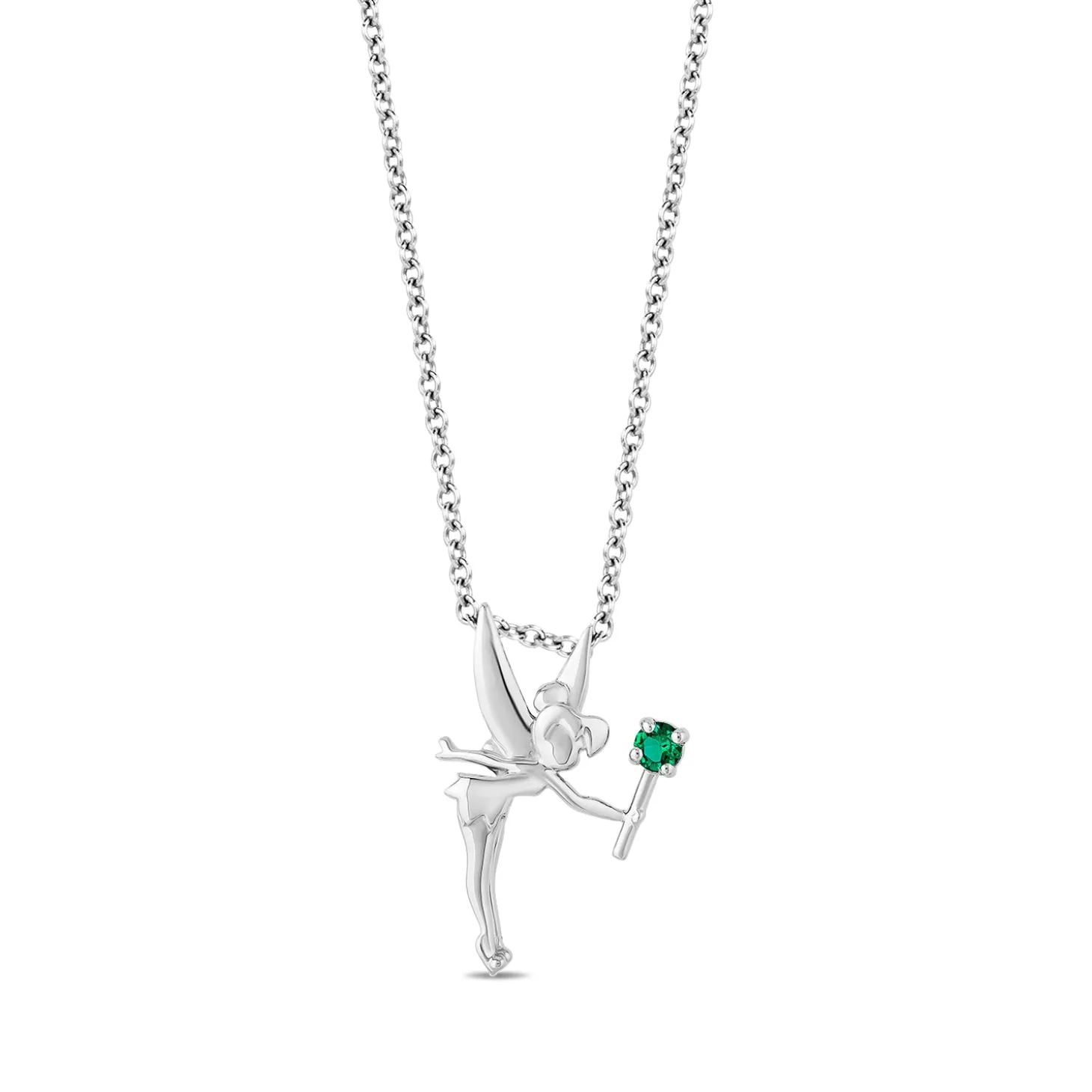 Enchanted Disney Fine Jewelry Sterling Silver with Created Emerald Tinker Bell Pendant Necklace
