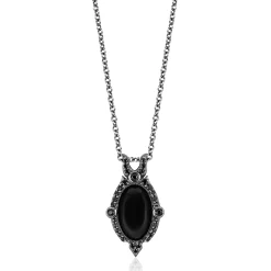 Enchanted Disney Fine Jewelry Black Rhodium Over Sterling Silver with 1/4 CTTW Diamond And Black Onyx Maleficent Villain Pendant Necklace