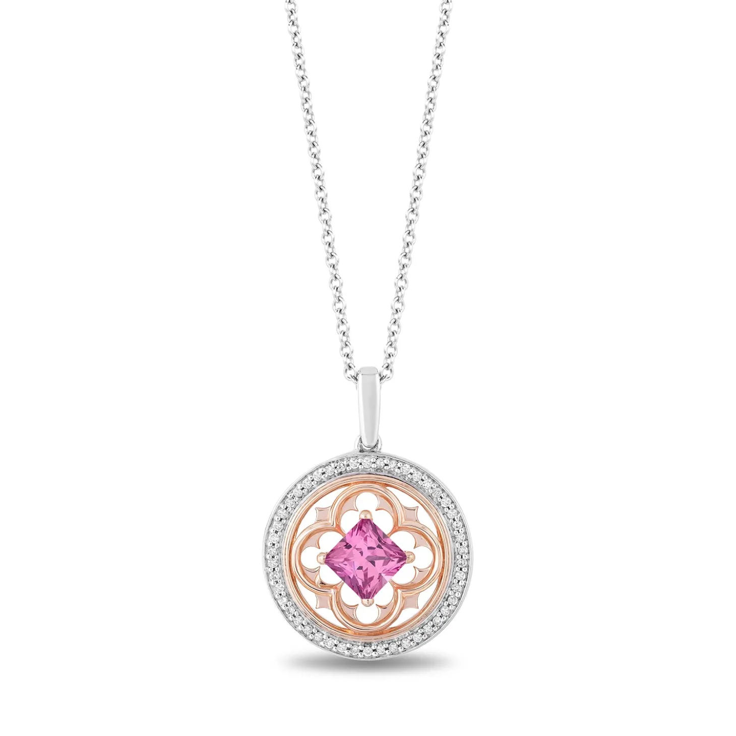Enchanted Disney Fine Jewelry 14K Rose Gold Over Sterling Silver with 1/5 CTTW Diamond and Created Pink Sapphire Aurora Pendant Necklace