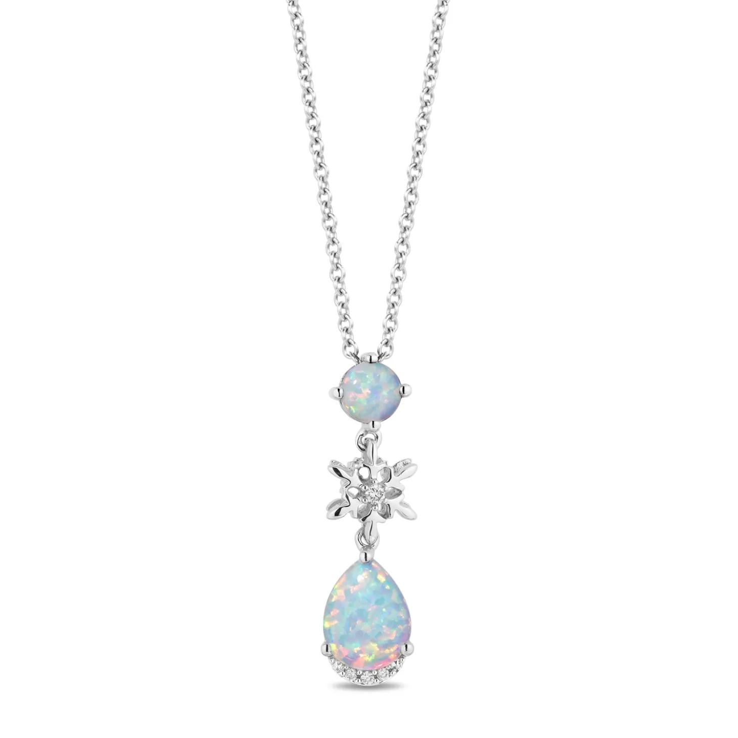Enchanted Disney Fine Jewelry Sterling Silver with 1/20 CTTW and Created Opal Elsa Snowflake Pendant Necklace