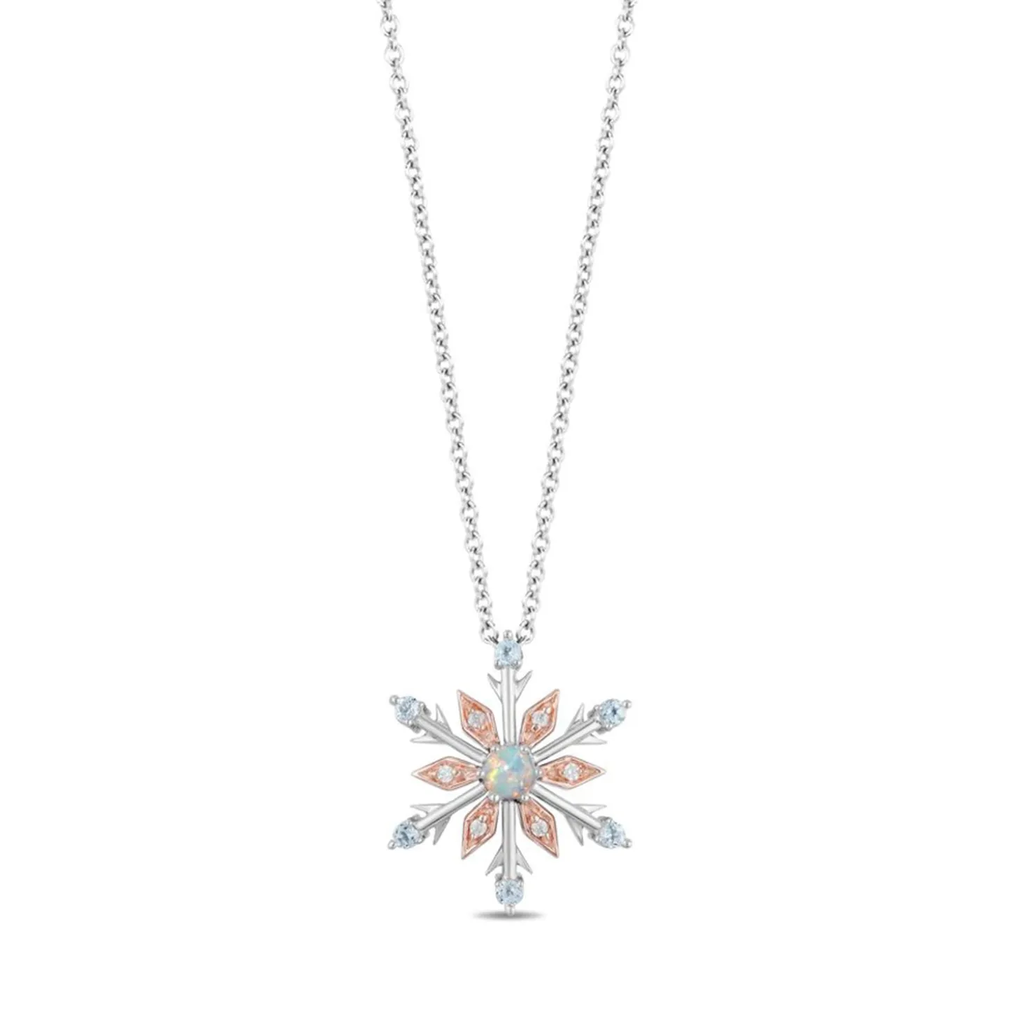 Enchanted Disney Fine Jewelry 14K Rose Gold over Sterling Silver with 1/20 CTTW Diamond with Swiss Blue Topaz And Created Opal Elsa Pendant Necklace