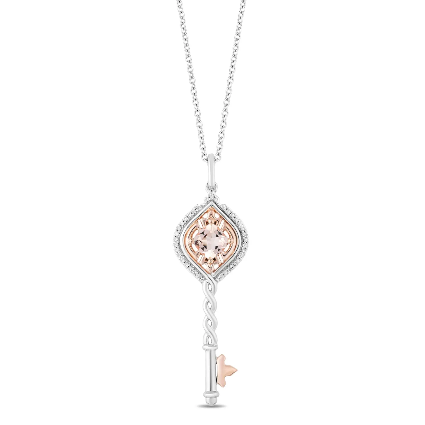 Enchanted Disney Fine Jewelry 14K Rose Gold over Sterling Silver with 1/10 CTTW Diamond and Morganite Aurora Key Pendant Necklace