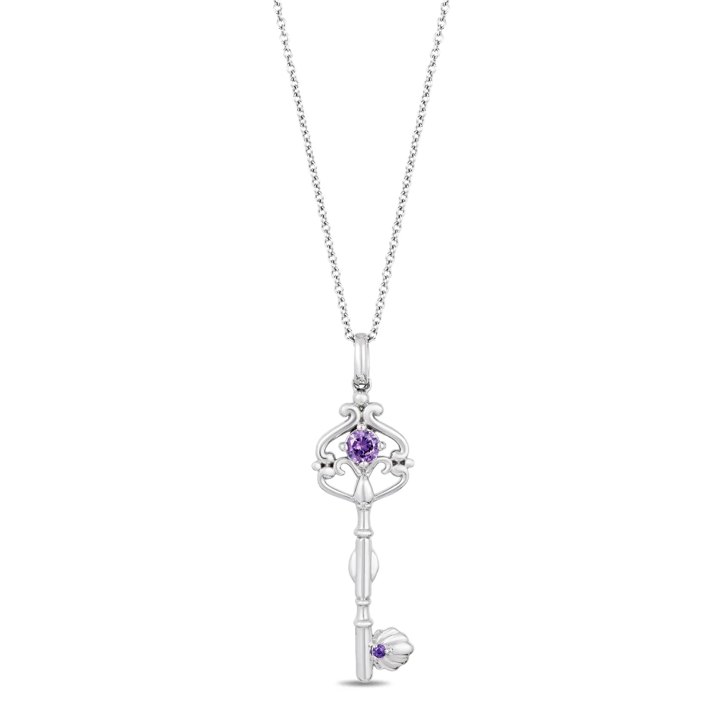 Enchanted Disney Fine Jewelry Sterling Silver Amethyst Ariel Shell Key Pendant Necklace