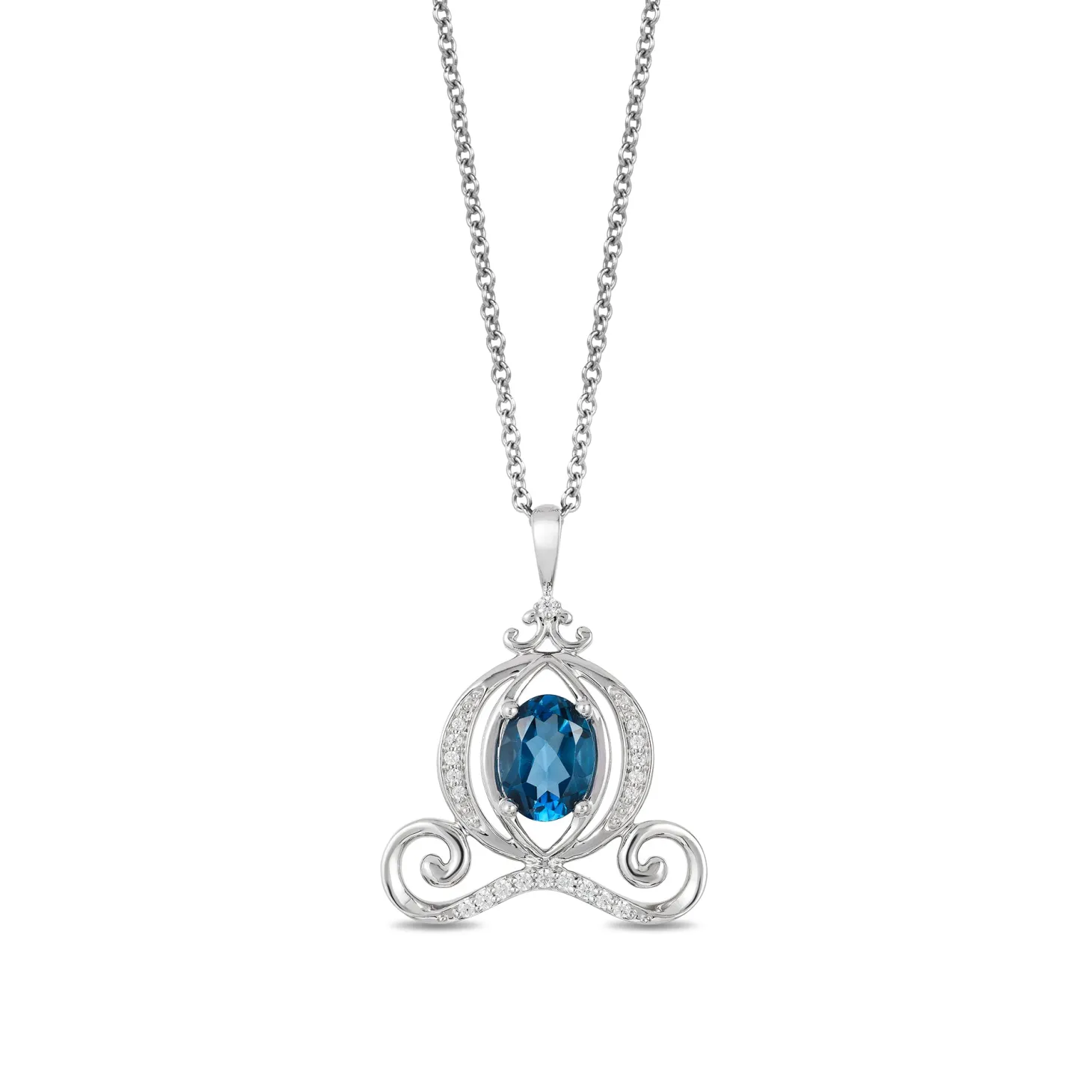 Enchanted Disney Fine Jewelry Sterling Silver with 1/10 CTTW Diamond and London Blue Topaz Cinderella Carriage Pendant Necklace