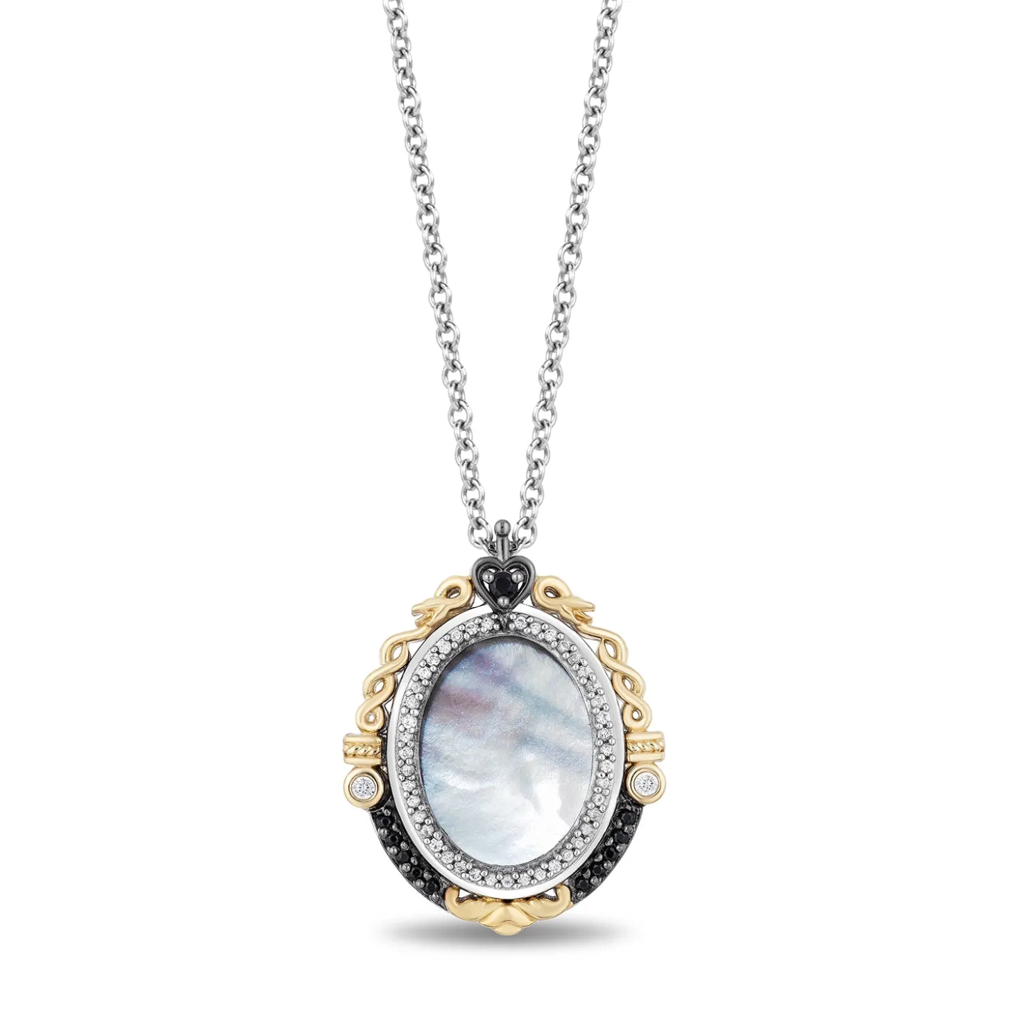 Enchanted Disney Fine Jewelry Sterling Silver and 10k Yellow Gold with 1/6 CTTW Diamond and Mother of Pearl Evil Queen Mirror Pendant Necklace